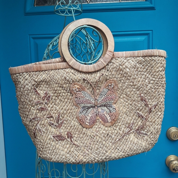 Wicker Bag Woven Purse Wooden Handles Beaded - Picture 1 of 10